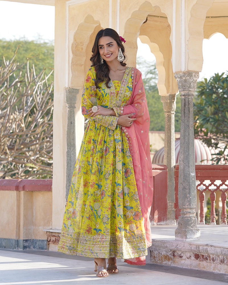 Wedding Wear Zari Embroidered Yellow Color Gown With Dupatta