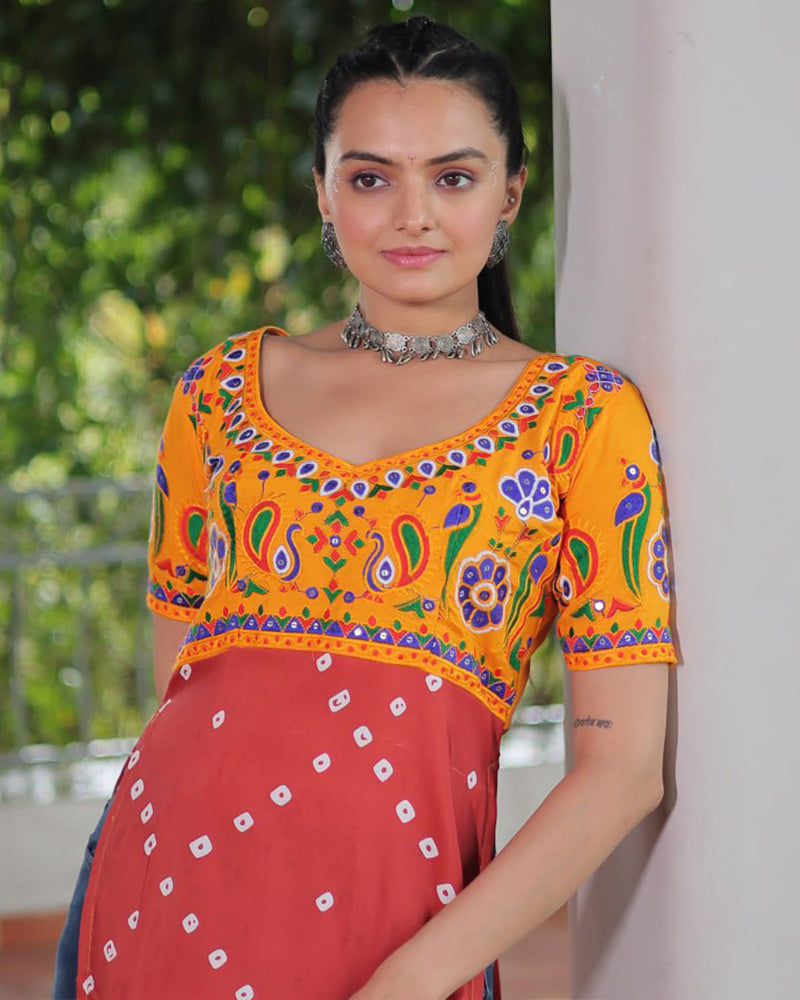 Traditional Rust Orange Color Bandhani Print Navratri Kurti