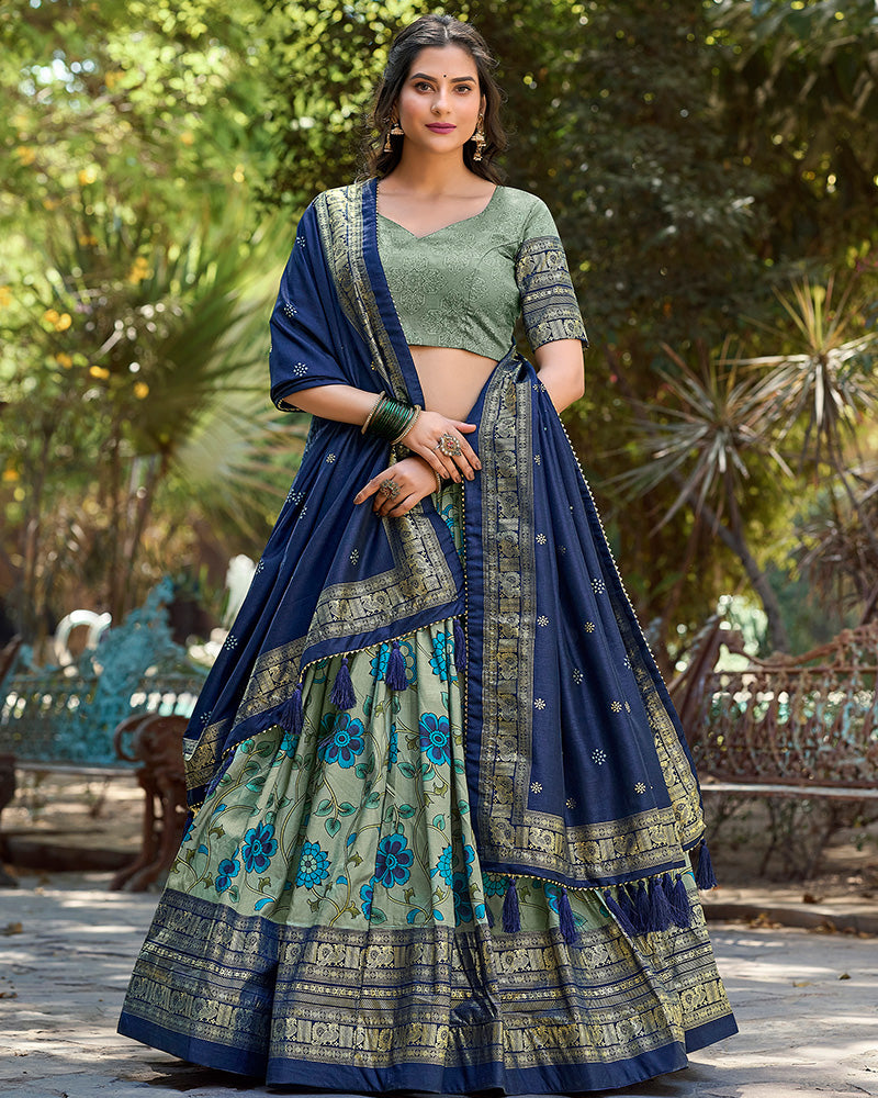 Sea Green Color Tussar Silk Kalamkari Printed Navratri Lehenga Choli