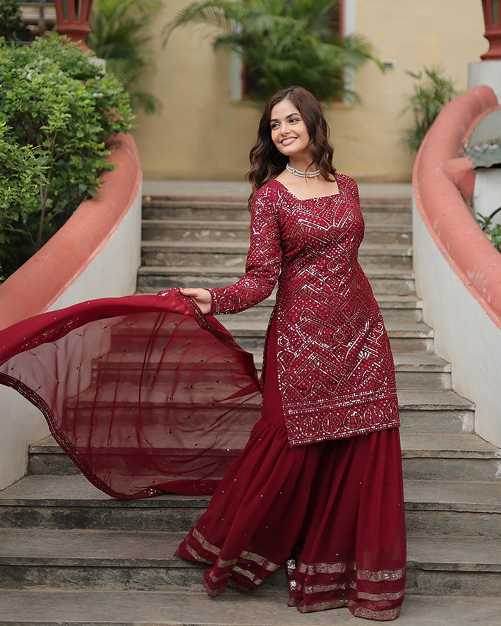 Maroon Color Faux Georgette Embroidered Sharara Suit