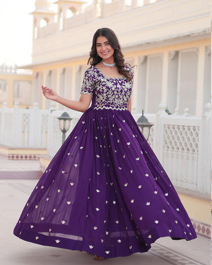 Purple Color Faux Blooming Sequins Embroidered Anarkali Gown