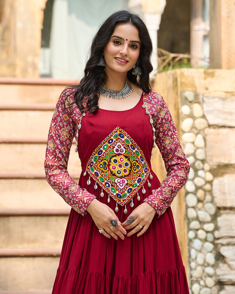 Classic Maroon Mirror Embroidered Rayon Gown For Navratri