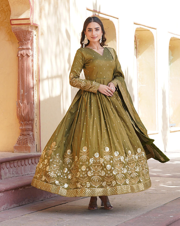 Designer Mehndi Color embroidered Viscose Cosmos Gown With Dupatta
