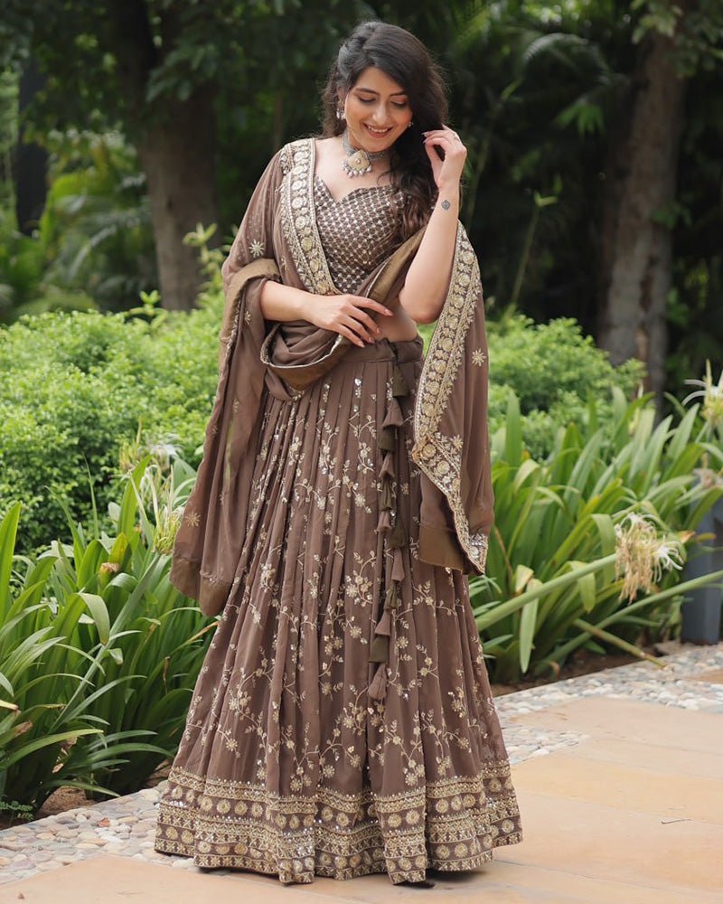 Brown Color Designing Blooming Lehenga Choli