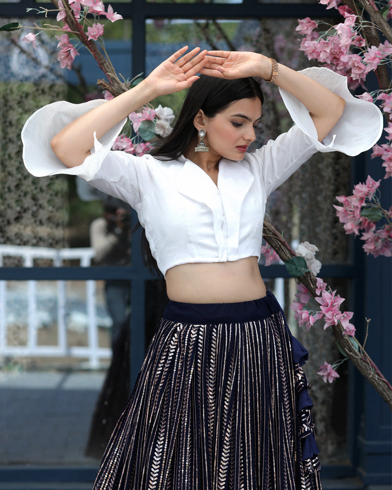 Black And White Designer Ready to Wear Crop Top Lehenga Choli