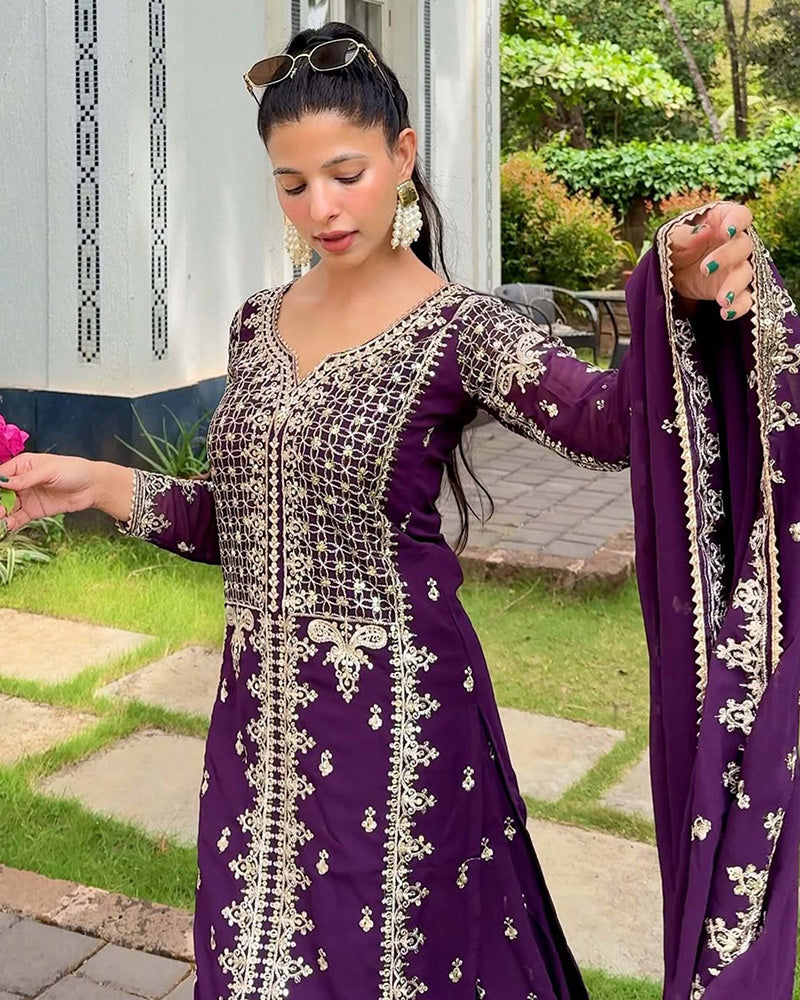 Wine Color Faux Georgette Embroidered Sharara Suit