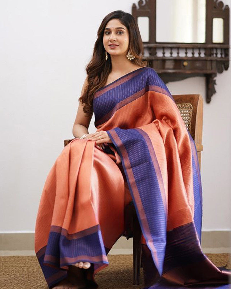 Blue And Orange color banarasi Soft Silk Saree