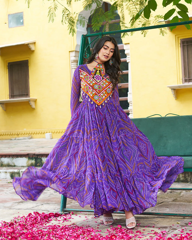 Festive Purple Ethnic Gown With Colorful Mirror Work