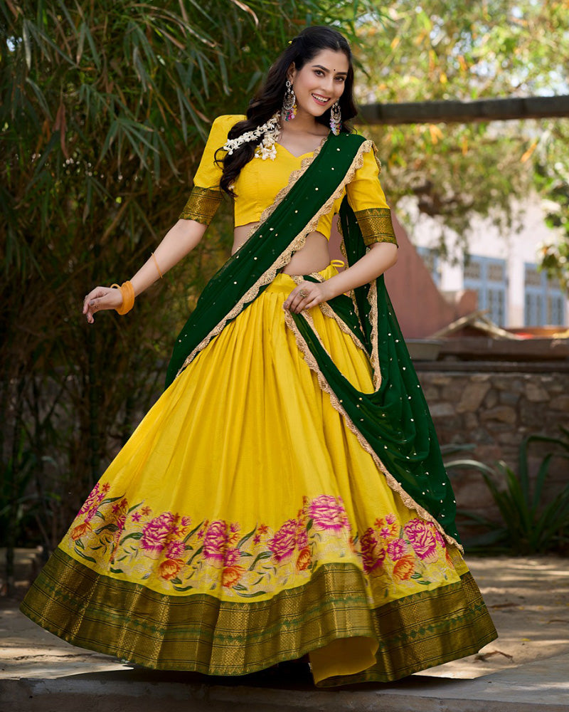 Yellow Color Cotton Silk Designer Half Saree