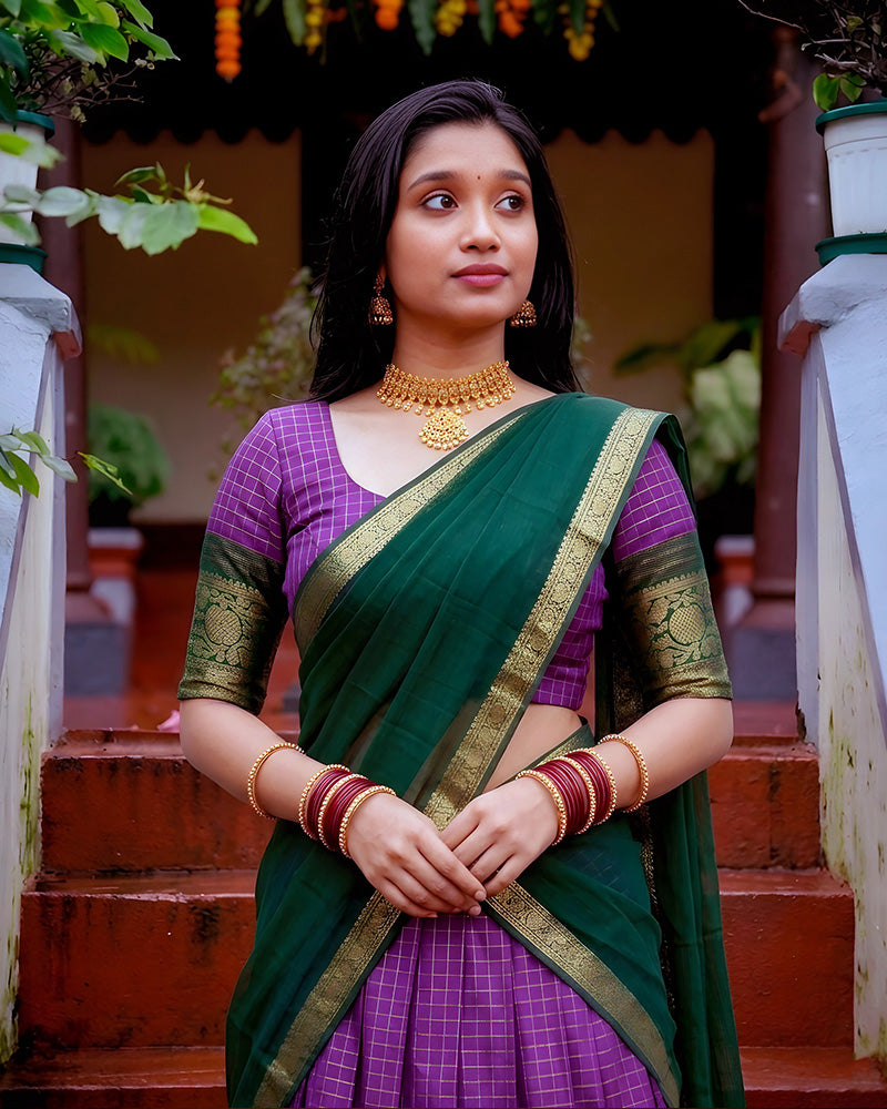 Purple Color Dola Chex Zari Weaving Half Saree