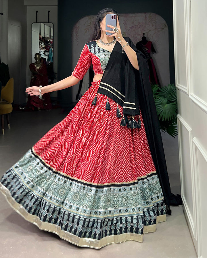 Red Color Rayon Bandhej Print Navratri Lehenga Choli