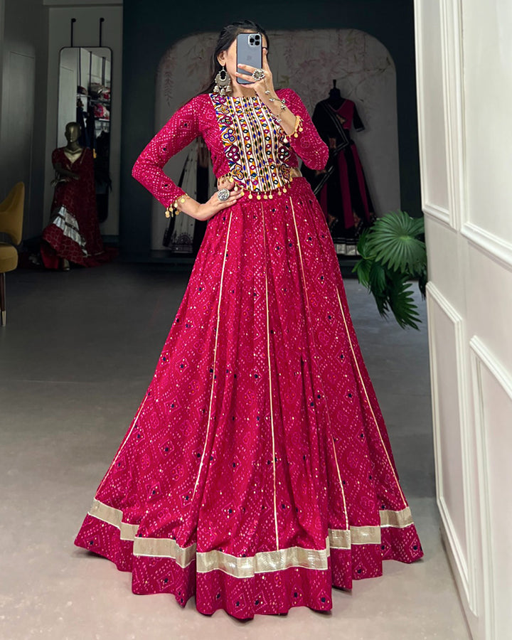 Pink Color Rayon Bandhej Print Navratri Lehenga Choli