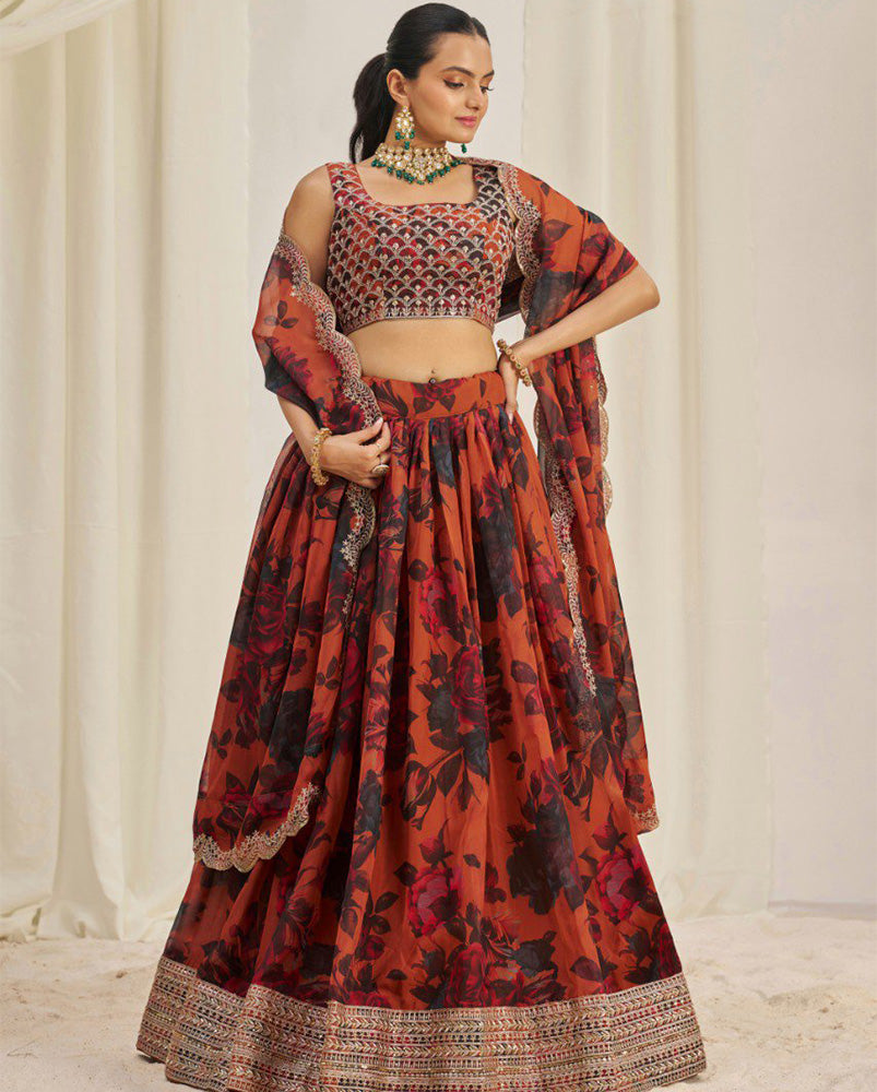 Orange And Black Color Floral Printed Organza Lehenga Choli