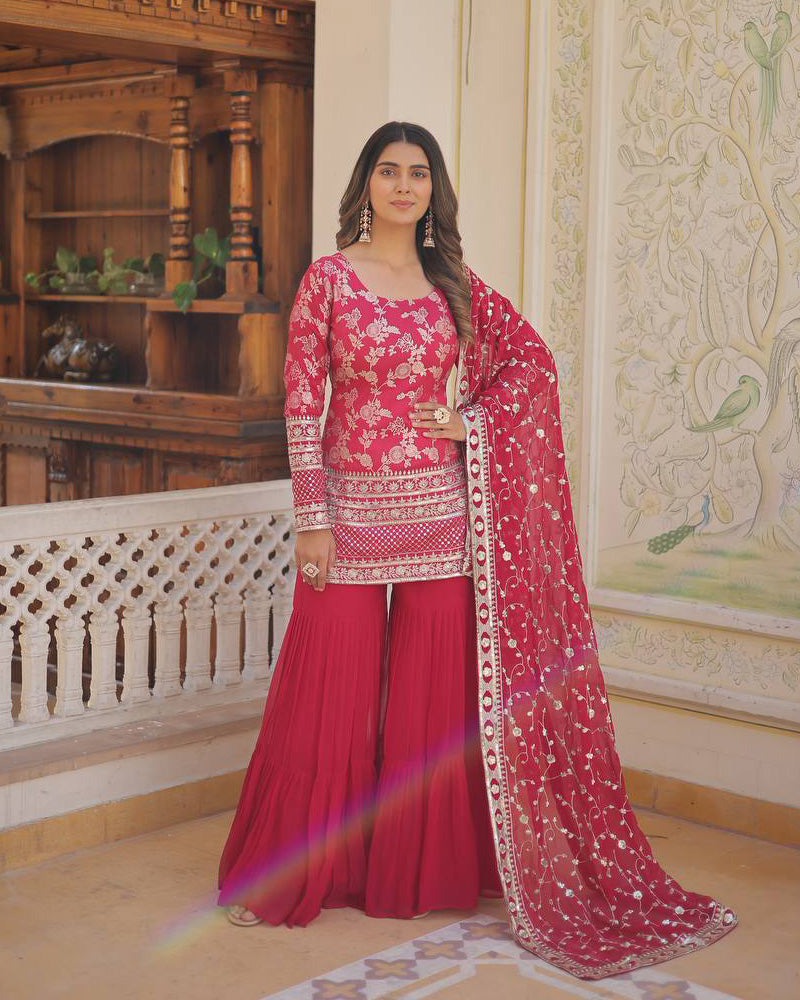 Rani-Pink Color Three Piece Gharara Suit