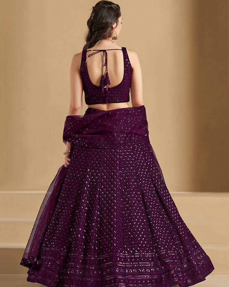 Wine Color Georgette Embroidered Lehenga Choli With Dupatta