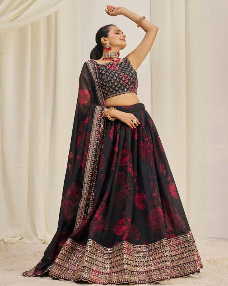 Black And Red Color Floral Print Soft Organza Lehenga Choli