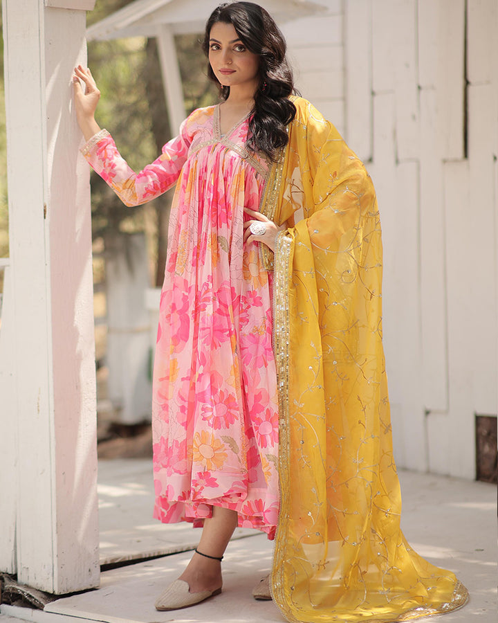 Baby Pink Color Alia Cut Embroidered Gown With Dupatta