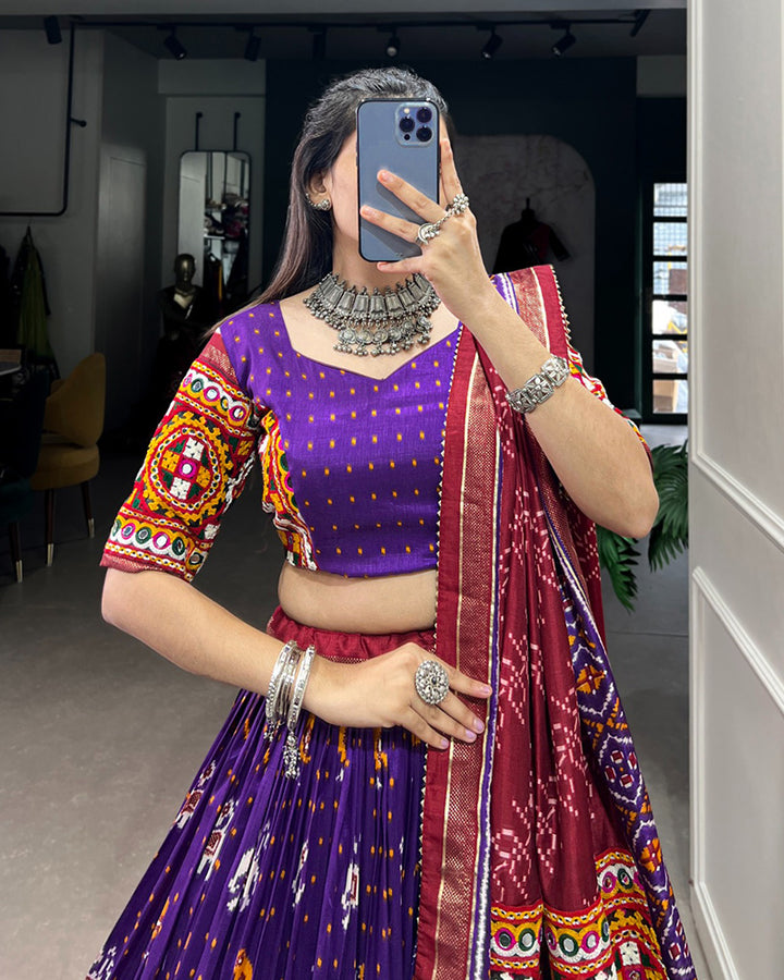 Purple Color Tussar Silk Gamthi Work Lehenga Choli