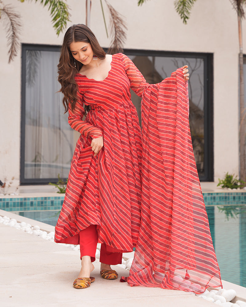 Orange And Brown Color Laheriya Print Tabby Organza Anarkali Suit