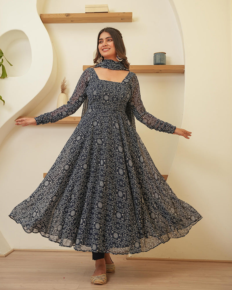 Navy Blue Color Georgette Three Piece Anarkali Suit