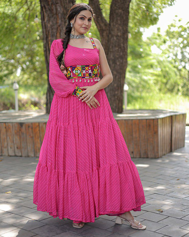 Pink Color Georgette Laheriya Print Navratri Gown