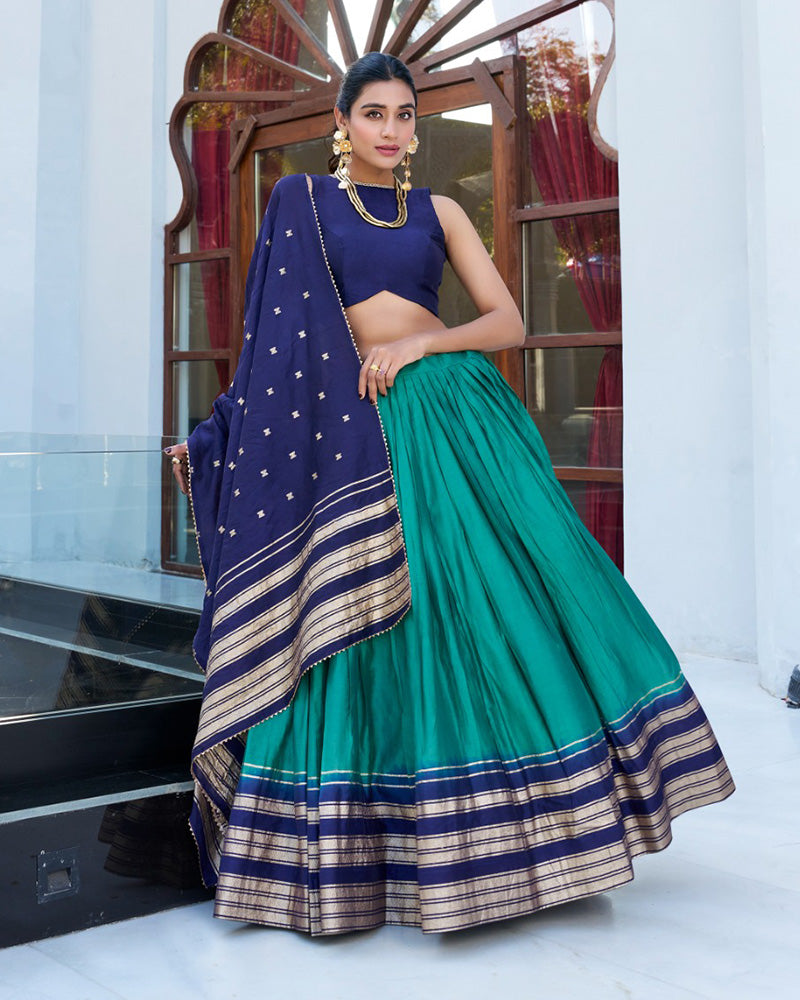 Firozi Color Pure Chanderi Plain Half Saree