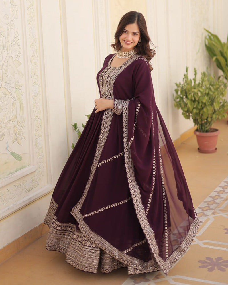 Wine Color Faux Blooming Rich Sequence Embroidered Gown