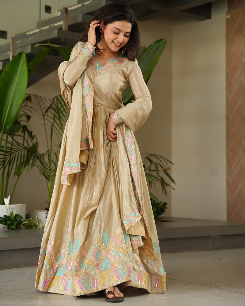Cream Color Chinnon Sequence Embroidered Gown