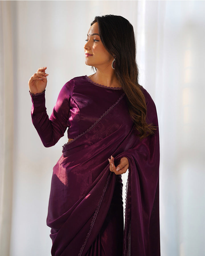 Wine Color Marble Velvet Pre Drapped Saree