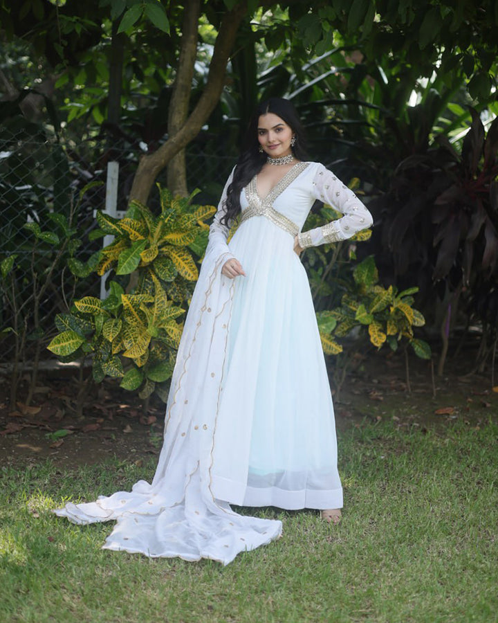 Wedding Wear Embroidered White Color Alia Cut Gown With Dupatta