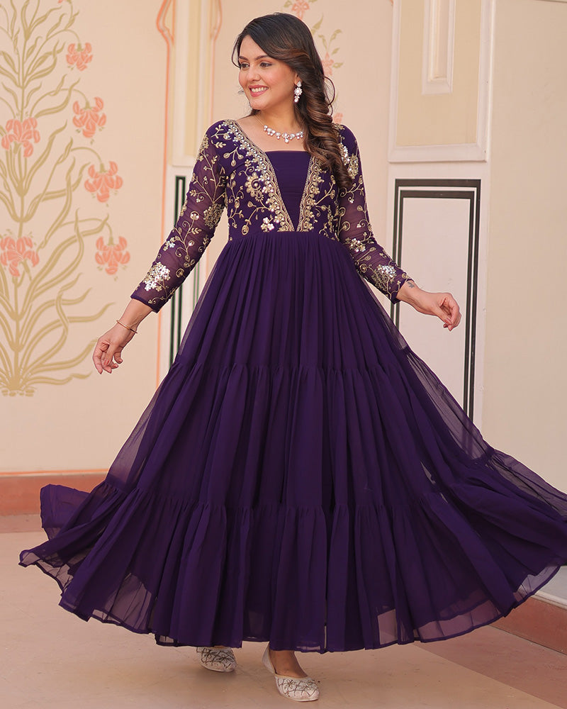 Elegant Purple Floor-Length Gown With Golden Threadwork