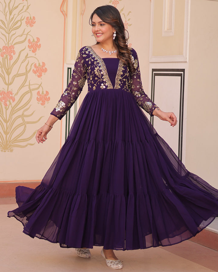 Elegant Purple Floor-Length Gown With Golden Threadwork