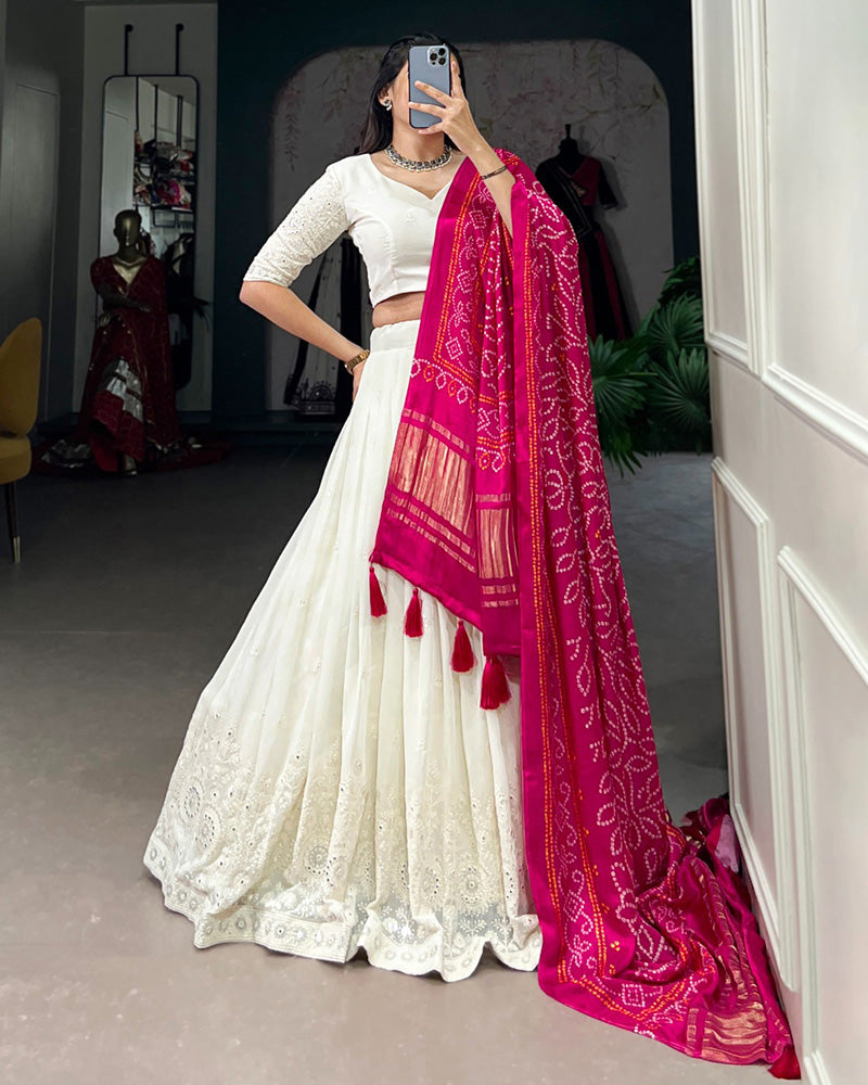 Off White Color Lucknowi Work Lehenga Choli With Different Dupatta