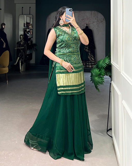 Green Color Gaji Silk Three Piece Plazo Suit