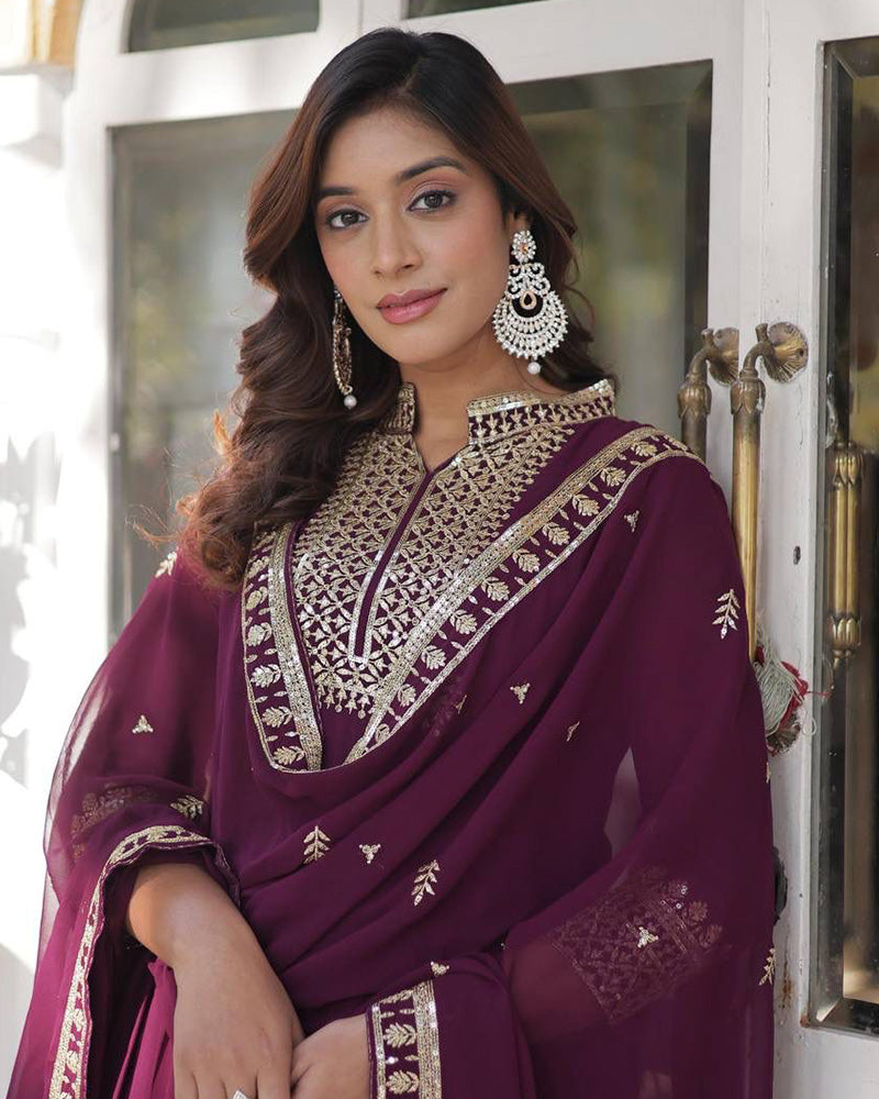 Wine Color Faux Blooming Rich Embroidered Work Gown