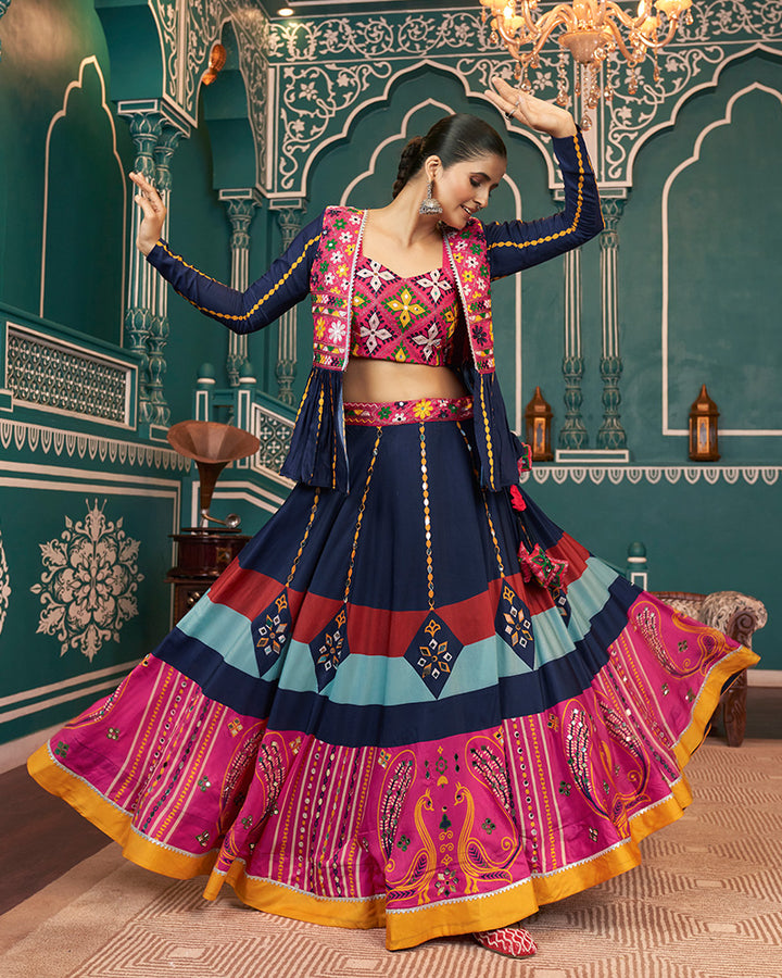 Navy Blue Multi Color Maska Silk Navratri Lehenga Choli