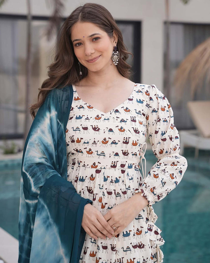 White Color Printed Pure Cotton Angarkha Style Anarkali Suit