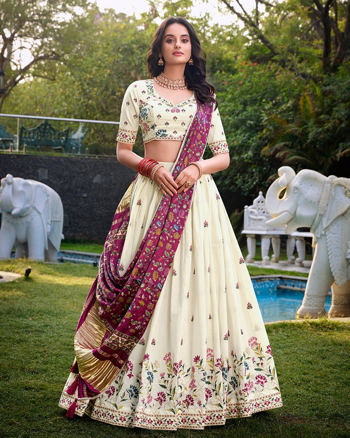 Flower Shape Off-White Color Cotton Lehenga Choli