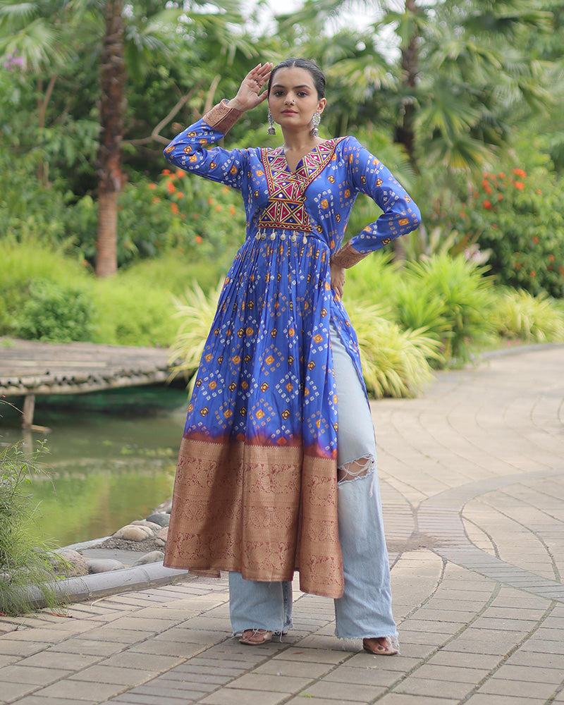 Blue Color Cotton Printed Navratri Kurti