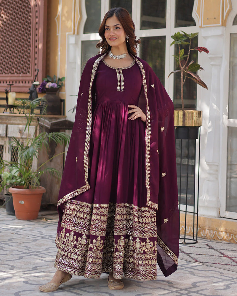 Wine Color Vichitra Shimmer Sequence Embroidered Gown