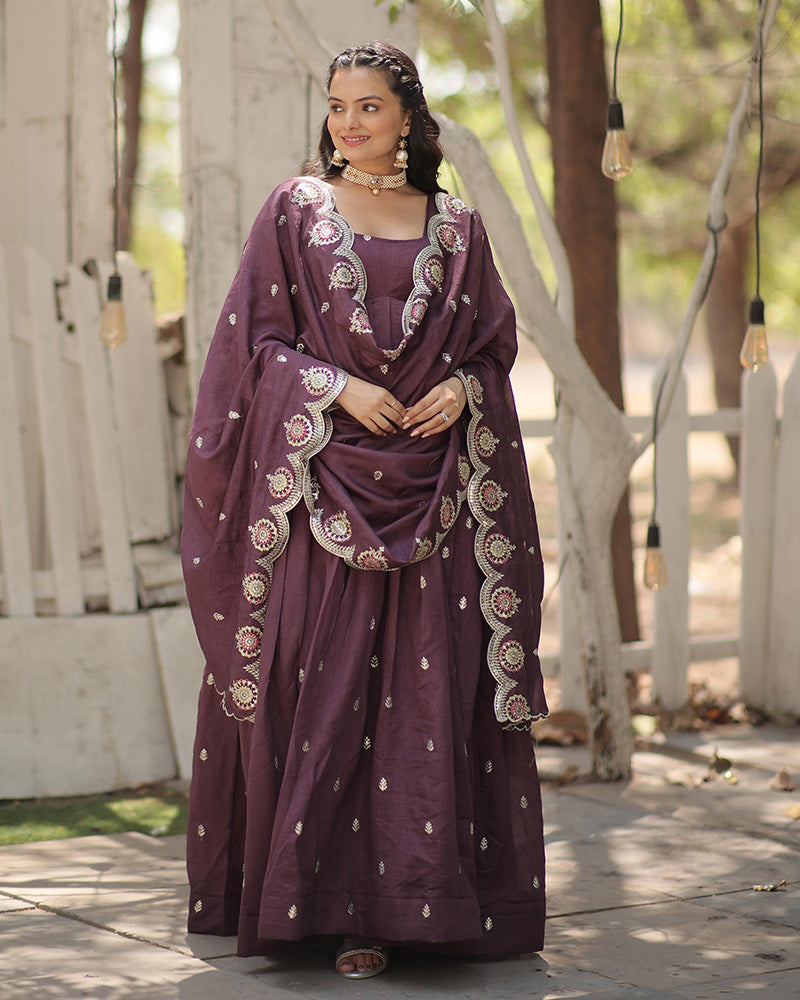 Onion Color Vichitra Shimmer Sequence Embroidered Gown