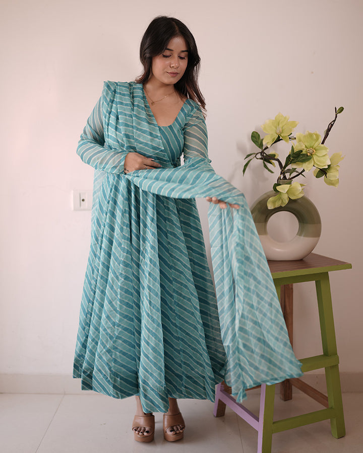 Firozi Color Laheriya Print Tabby Organza Anarkali Suit