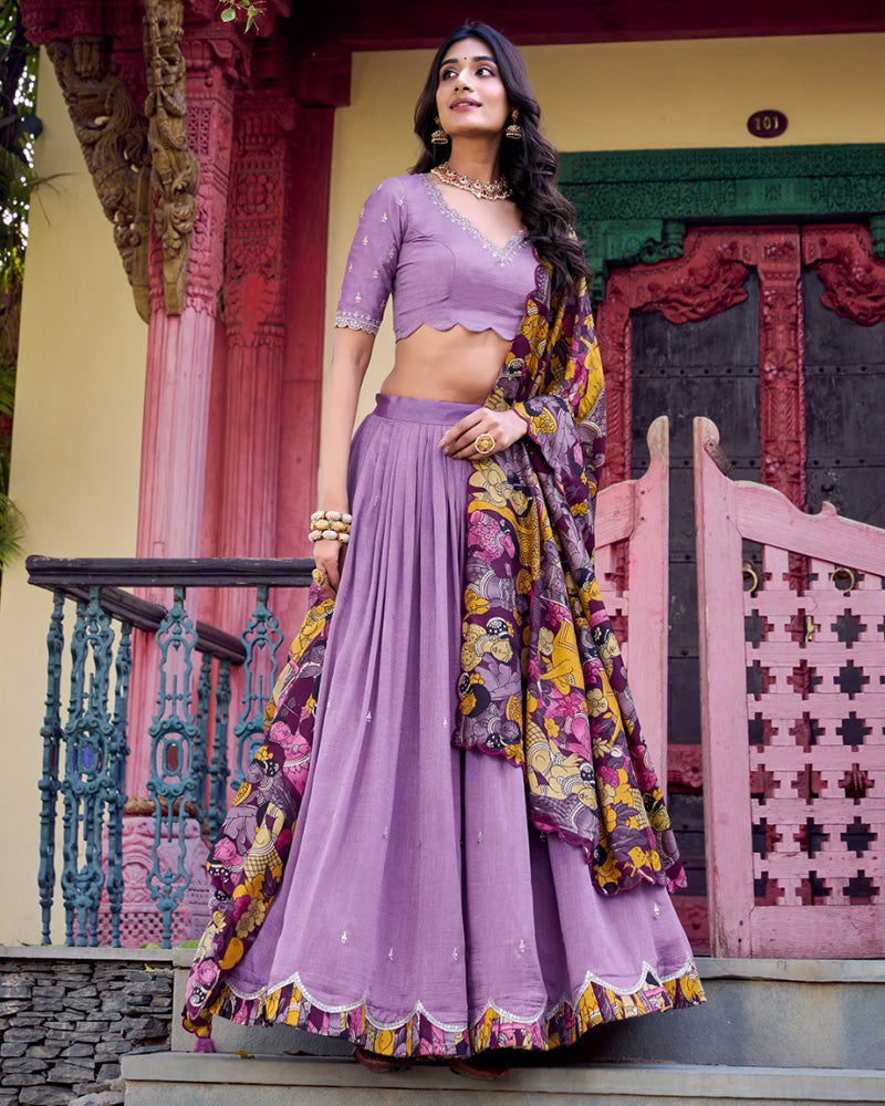 Lavender Color Vichitra Silk Embroidered Half Saree