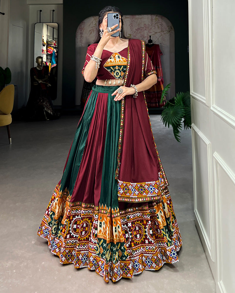 Green Color Rayon Printed Navratri Lehenga Choli