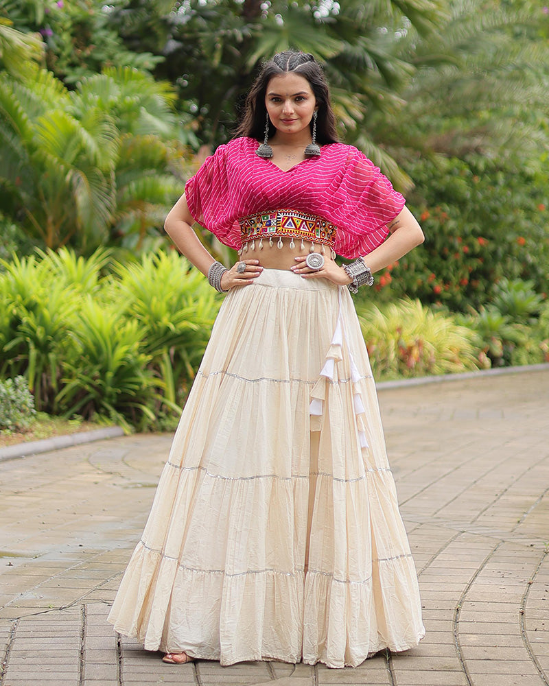 White Color Kora Cotton Lehenga With Pink Choli