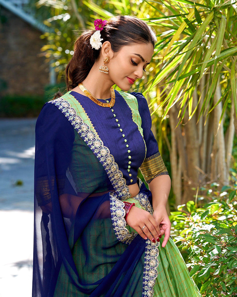 premium Pista Color Zari Chex Half Saree