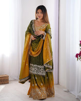 Mehndi Color Chinnon Sequence Work Plazzo Suit