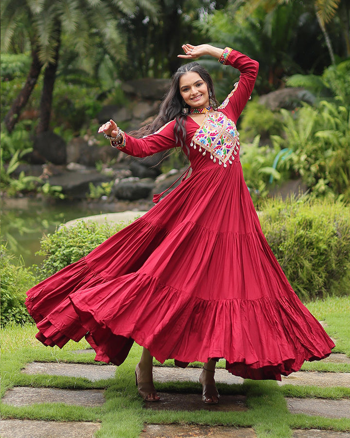 Maroon Color Reyon Gamthi Style Navratri Gown