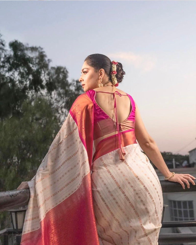Pink And white Banarasi Soft Silk Saree