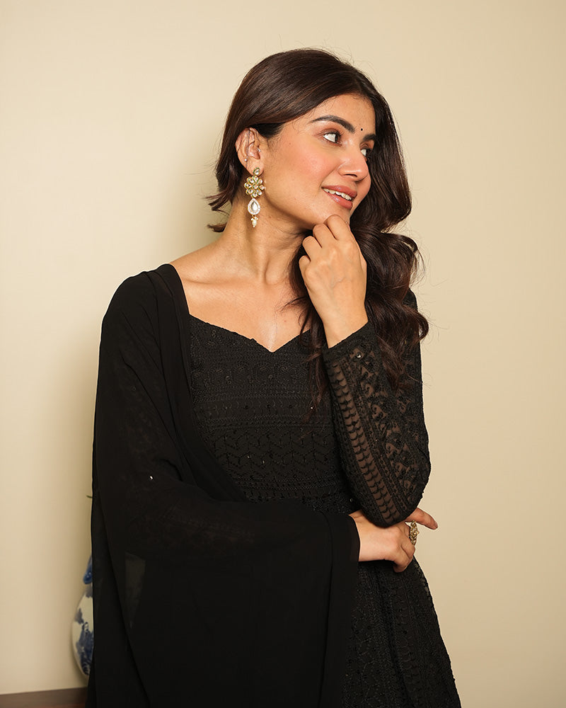 Black Color Georgette Lucknowi Anarkali Suit